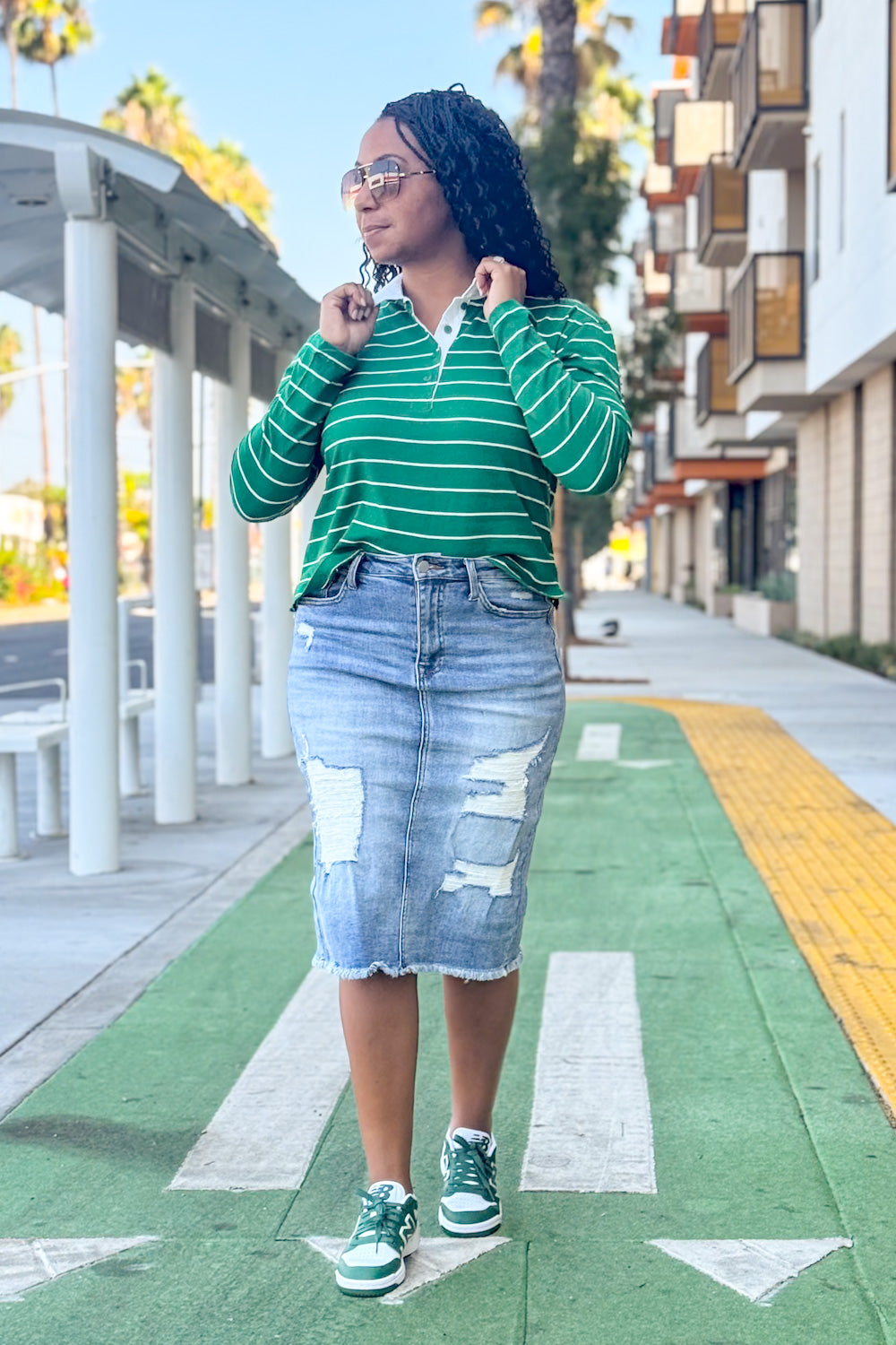 TR Knee Length Distressed Stretch Denim Skirt