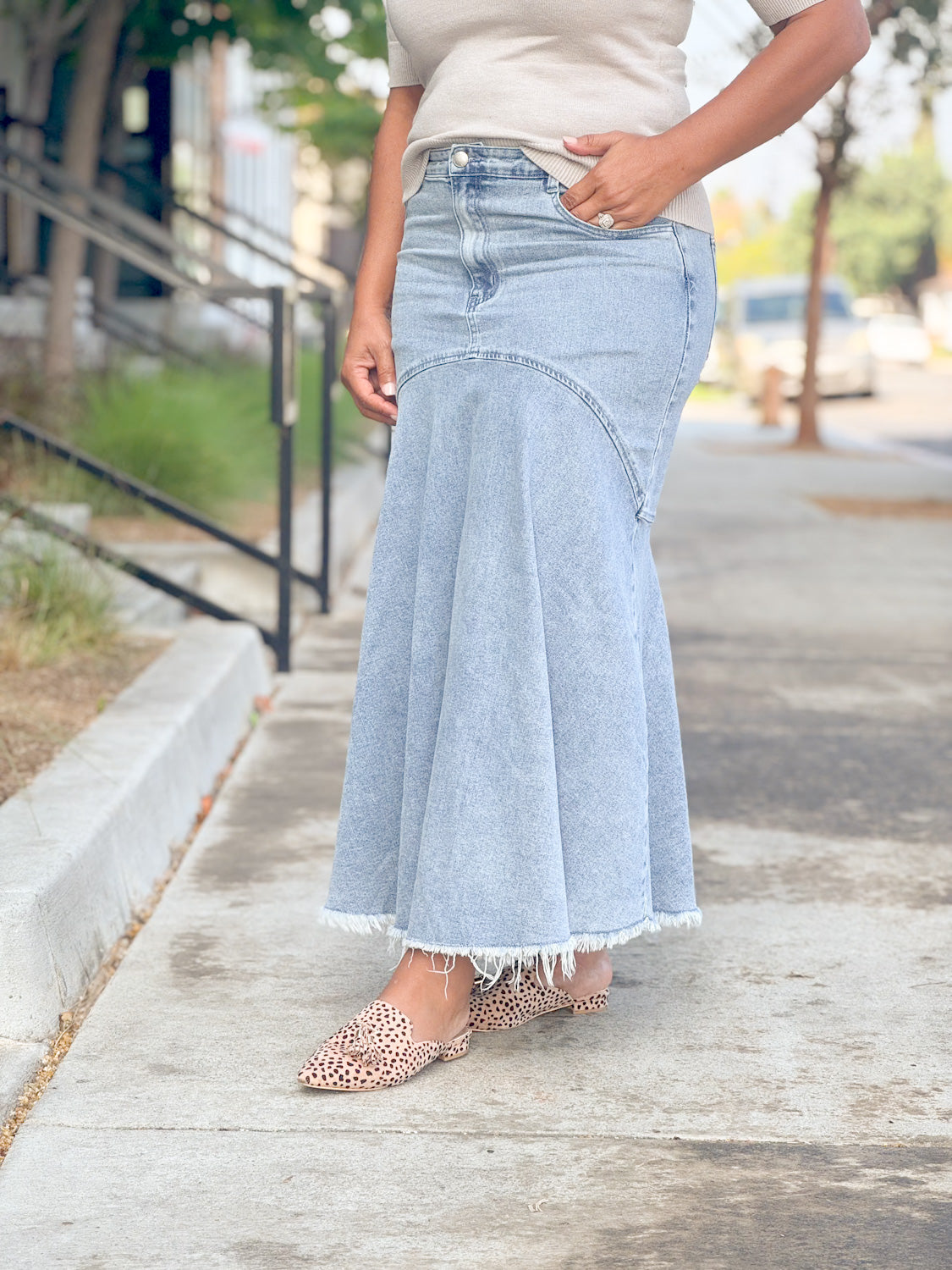 Flared Denim Midi Skirt