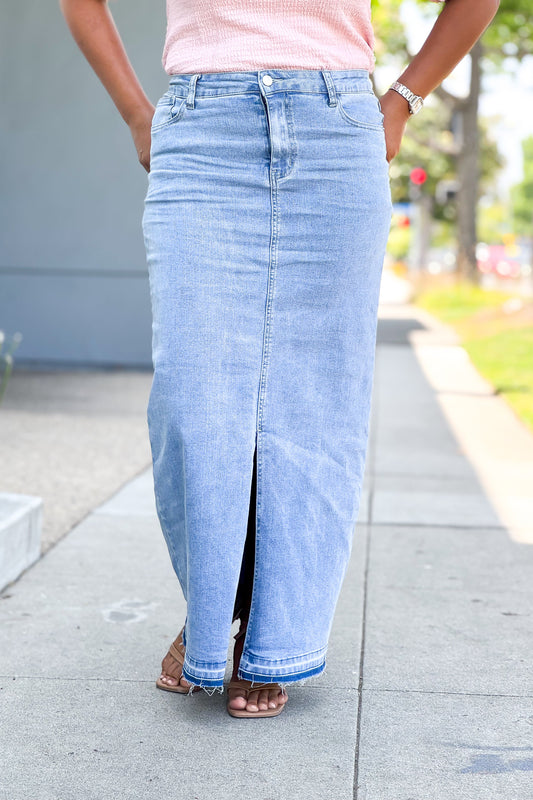 Tabitha Maxi Light Distressed Denim Skirt